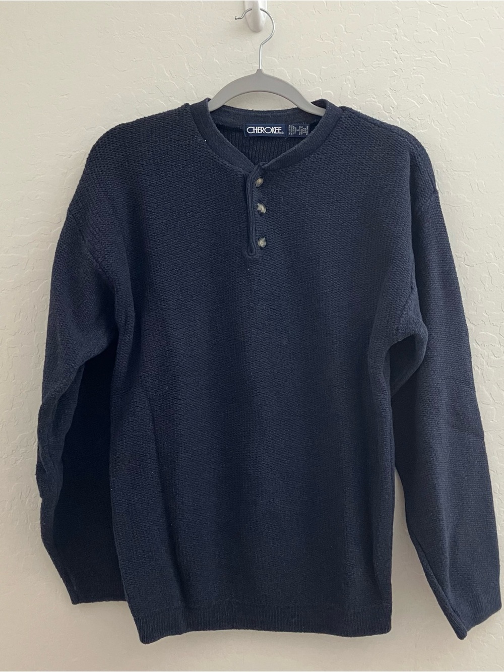 Vintage 90s Cherokee Men’s Small Navy Blue Henley Knit Sweater Made in USA